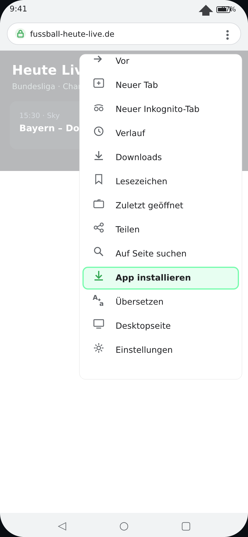 Android-Screenshot: Chrome mit geöffnetem Drei-Punkte-Menü, der Eintrag „App installieren" ist grün hervorgehoben.
