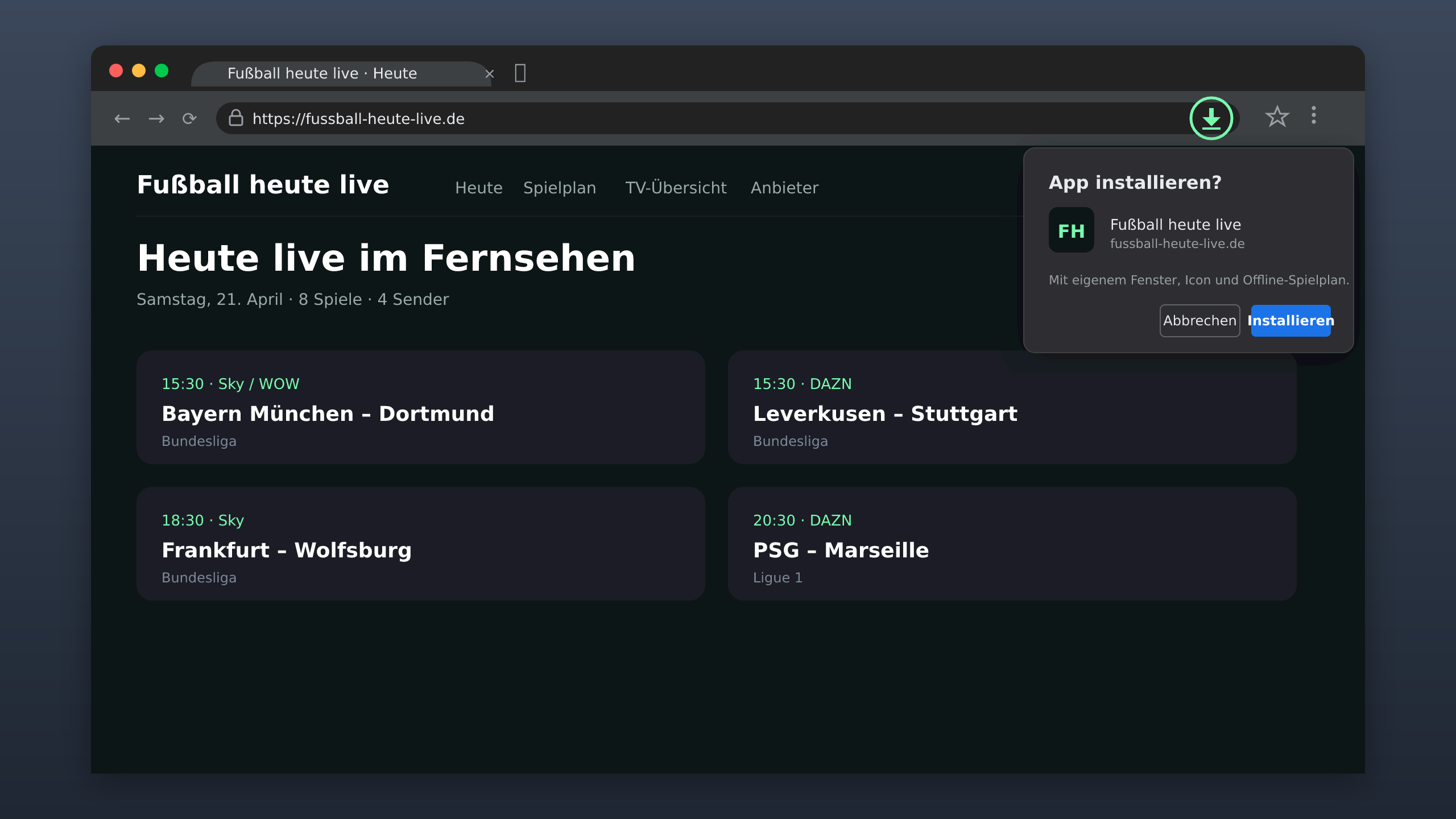 Desktop-Screenshot: Chrome-Adresszeile mit grün markiertem Installations-Symbol und geöffnetem „App installieren"-Dialog.