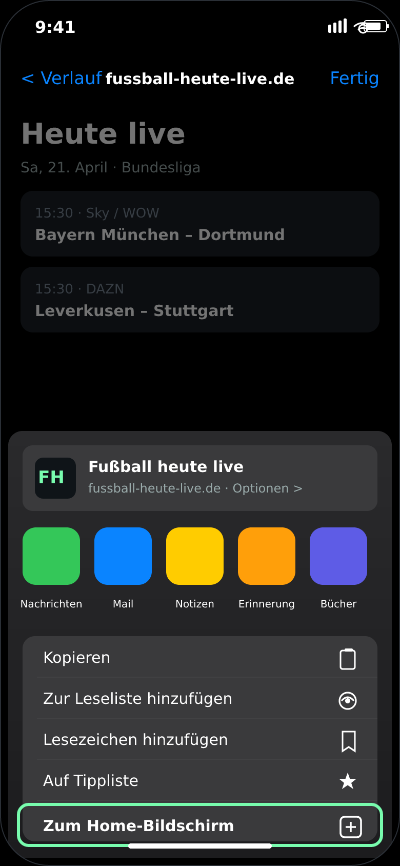 iPhone-Screenshot: Safari mit geöffnetem Teilen-Menü, die Option „Zum Home-Bildschirm" ist grün hervorgehoben.