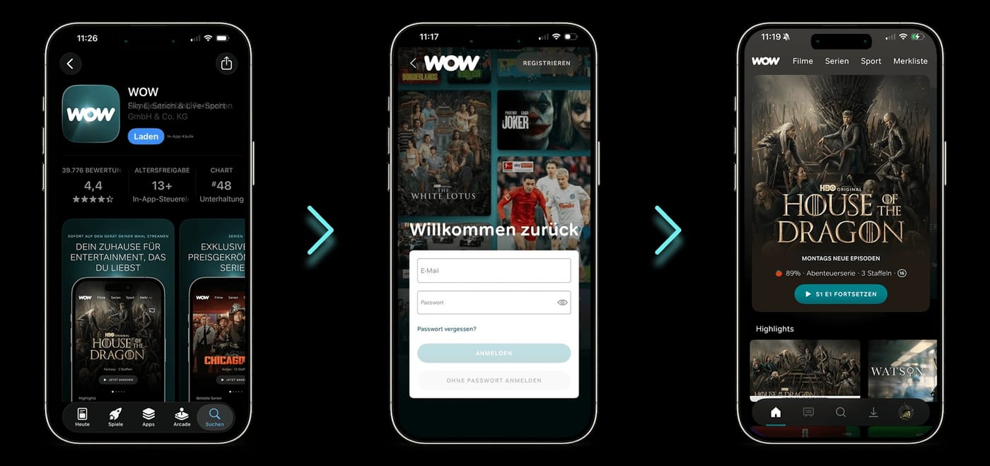 Die WOW App: im App Store laden, mit den bisherigen Zugangsdaten anmelden, weiterstreamen.