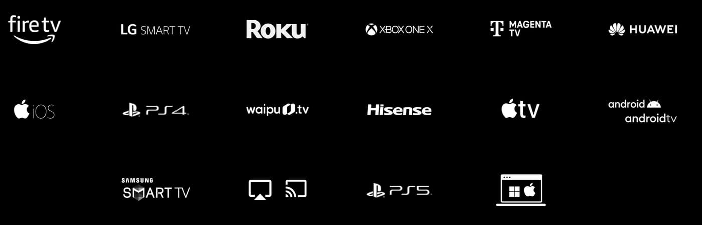 Logos der Plattformen, auf denen WOW läuft: Fire TV, LG Smart TV, Roku, Xbox, MagentaTV, Huawei, iOS, PlayStation 4, waipu.tv, Hisense, Apple TV, Android und Android TV, Samsung Smart TV, AirPlay und Chromecast, PlayStation 5 sowie Browser auf Windows und Mac.