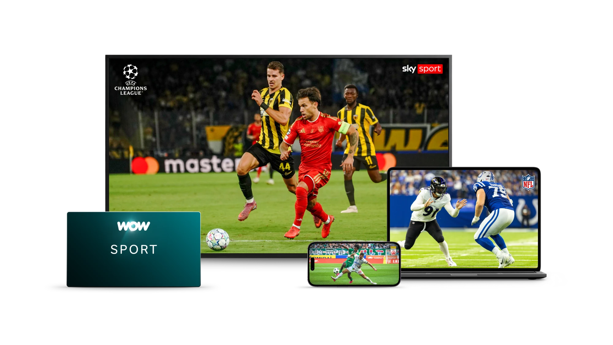 WOW Sport auf Fernseher, Laptop und Smartphone: UEFA Champions League, ADMIRAL Bundesliga und NFL