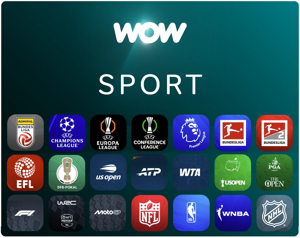 WOW Sport — das steckt im Paket: ADMIRAL Bundesliga, Champions League, Europa League, Conference League, Premier League, Bundesliga, 2. Bundesliga, EFL, DFB-Pokal, US Open, ATP, WTA, Golf-Majors, Formel 1, WRC, IndyCar, MotoGP, NFL, NBA, WNBA und NHL